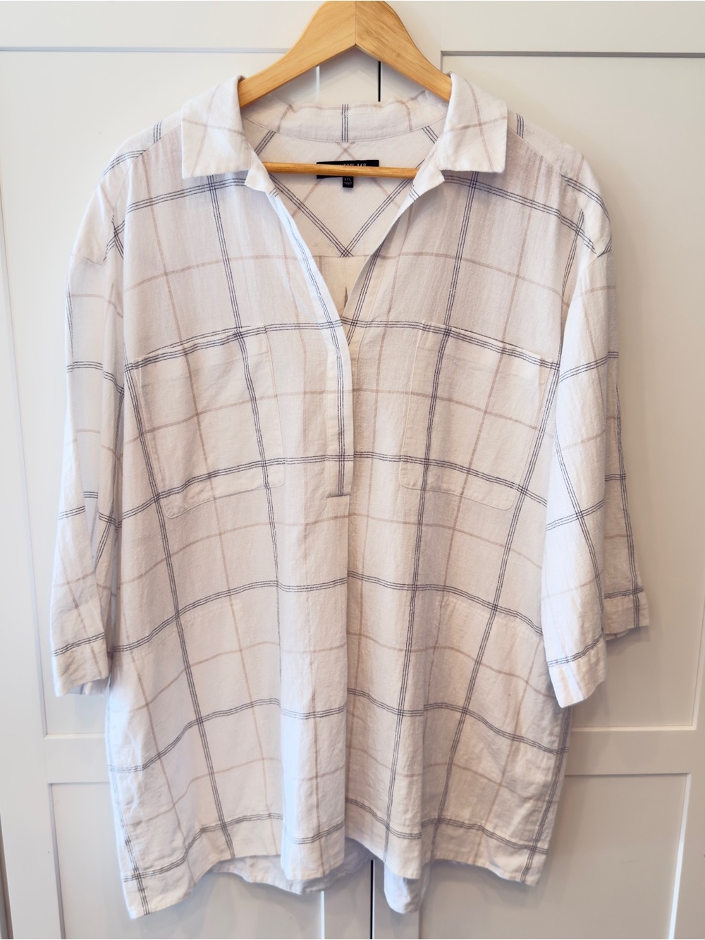 Lafayette 148 New York Linen Grid Plaid Popover Tunic Shirt XXL